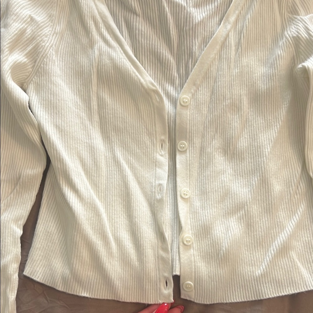 White Ribbed Cardigan Sweater - Picture 3 of 4